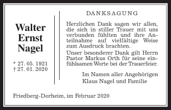 Traueranzeige von Walter Ernst Nagel von Wetterauer Zeitung