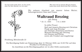 Traueranzeige von Waltraud Brezing von Wetterauer Zeitung