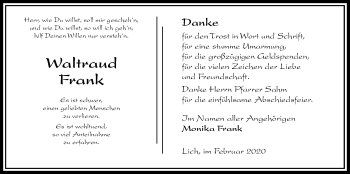 Traueranzeige von Waltraud Frank von Licher Wochenblatt