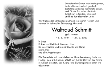 Traueranzeige von Waltraud Schmitt von Giessener Allgemeine, Alsfelder Allgemeine