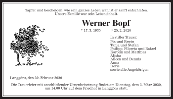 Traueranzeige von Werner Bopf von Giessener Allgemeine, Alsfelder Allgemeine