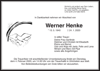 Traueranzeige von Werner Henke von Alsfelder Allgemeine