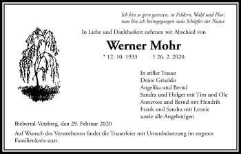 Traueranzeige von Werner Mohr von Giessener Allgemeine, Alsfelder Allgemeine