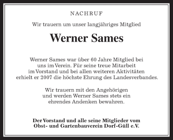 Traueranzeige von Werner Sames von Pohlheimer Nachrichten