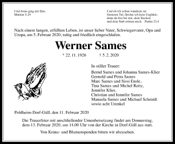 Traueranzeige von Werner Sames von Giessener Allgemeine, Alsfelder Allgemeine
