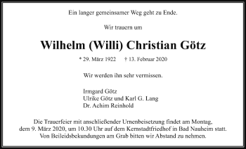 Traueranzeige von Wilhelm Christian Götz von Wetterauer Zeitung
