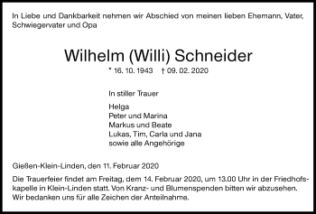 Traueranzeige von Wilhelm Schneider von Giessener Allgemeine, Alsfelder Allgemeine