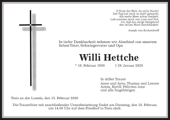 Traueranzeige von Willi Hettche von Giessener Allgemeine, Alsfelder Allgemeine