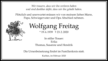 Traueranzeige von Wolfgang Freitag von Bad Vilbel/Karben