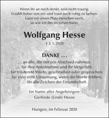 Traueranzeige von Wolfgang Hesse von Licher Wochenblatt