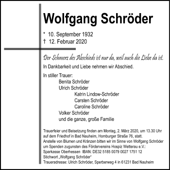 Traueranzeige von Wolfgang Schröder von Wetterauer Zeitung