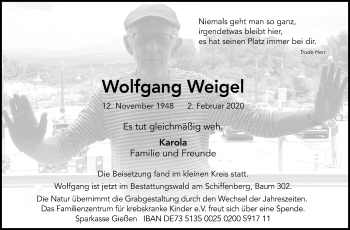 Traueranzeige von Wolfgang Weigel von Giessener Allgemeine, Alsfelder Allgemeine