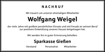 Traueranzeige von Wolfgang Weigel von Giessener Allgemeine, Alsfelder Allgemeine