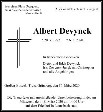 Traueranzeige von Albert Devynck von Giessener Allgemeine, Alsfelder Allgemeine