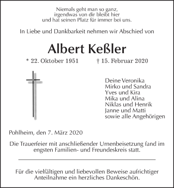 Traueranzeige von Albert Keßler von Giessener Allgemeine, Alsfelder Allgemeine