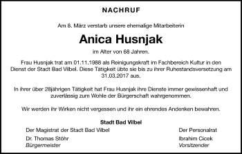 Traueranzeige von Anica Husnjak von Bad Vilbel/Karben