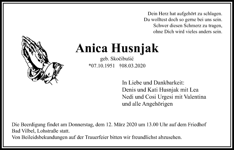  Traueranzeige für Anica Husnjak vom 12.03.2020 aus Bad Vilbel/Karben