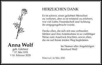 Traueranzeige von Anna Wolf von Bad Vilbel/Karben