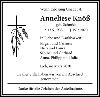Traueranzeige von Anneliese Knöß von Licher Wochenblatt