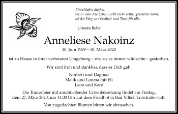 Traueranzeige von Anneliese Nakoinz von Bad Vilbel/Karben