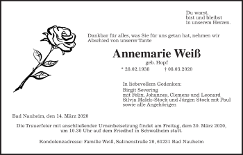 Traueranzeige von Annemarie Weiß von Wetterauer Zeitung