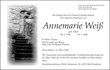 Traueranzeige von Annemarie Weiß von Wetterauer Zeitung