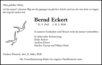 Traueranzeige von Bernd Eckert von Giessener Allgemeine, Alsfelder Allgemeine