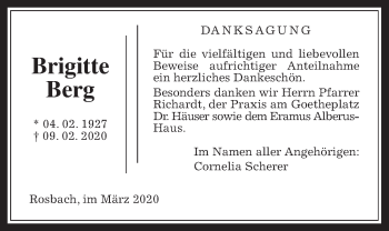 Traueranzeige von Brigitte Berg von Wetterauer Zeitung