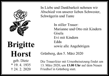 Traueranzeige von Brigitte Horst von Heimatzeitung Grünberg + Laubach