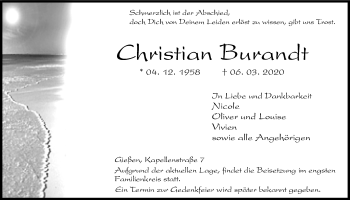 Traueranzeige von Christian Burandt von Giessener Allgemeine, Alsfelder Allgemeine
