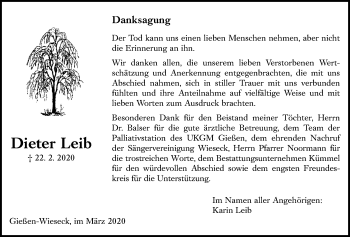 Traueranzeige von Dieter Leib von Giessener Allgemeine, Alsfelder Allgemeine