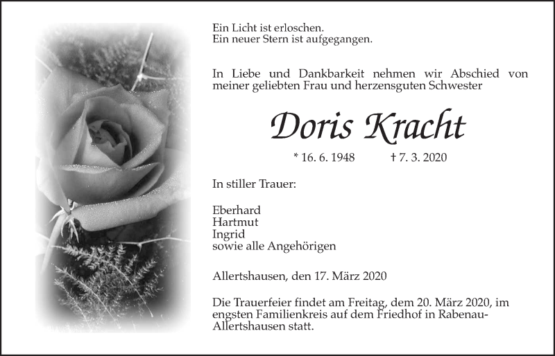  Traueranzeige für Doris Kracht vom 17.03.2020 aus Giessener Allgemeine, Alsfelder Allgemeine