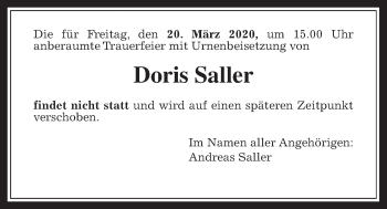 Traueranzeige von Doris Saller von Pohlheimer Nachrichten