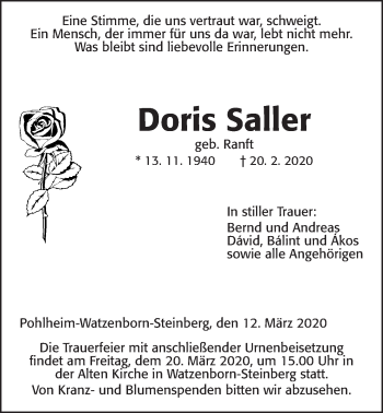 Traueranzeige von Doris Saller von Pohlheimer Nachrichten