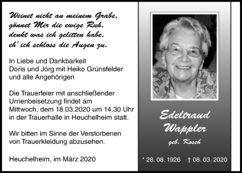 Traueranzeige von Edeltraud Wappler von Giessener Allgemeine, Alsfelder Allgemeine