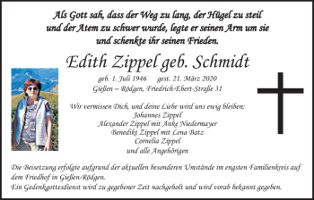 Traueranzeige von Edith Zippel von Giessener Allgemeine, Alsfelder Allgemeine