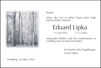 Traueranzeige von Eduard Lipka von Wetterauer Zeitung