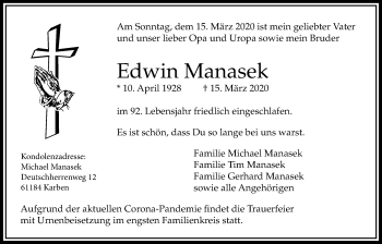 Traueranzeige von Edwin Manasek von Bad Vilbel/Karben
