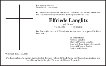 Traueranzeige von Elfriede Langlitz von Wetterauer Zeitung