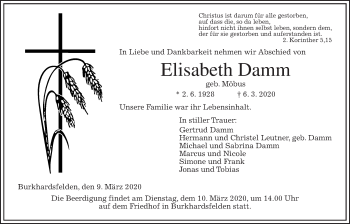 Traueranzeige von Elisabeth Damm von Giessener Allgemeine, Alsfelder Allgemeine