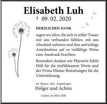 Traueranzeige von Elisabeth Luh von Giessener Allgemeine, Alsfelder Allgemeine
