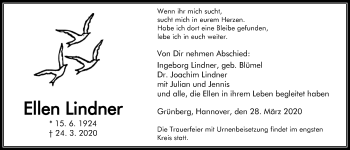 Traueranzeige von Ellen Lindner von Giessener Allgemeine, Alsfelder Allgemeine