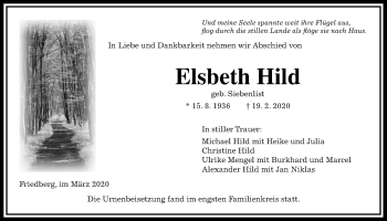 Traueranzeige von Elsbeth Hild von Wetterauer Zeitung