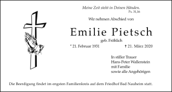 Traueranzeige von Emilie Pietsch von Wetterauer Zeitung