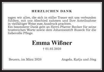 Traueranzeige von Emma Wißner von Giessener Allgemeine, Alsfelder Allgemeine