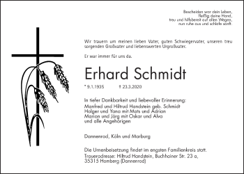 Traueranzeige von Erhard Schmidt von Alsfelder Allgemeine