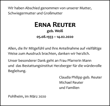 Traueranzeige von Erna Reuter von Pohlheimer Nachrichten