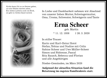 Traueranzeige von Erna Scheer von Alsfelder Allgemeine