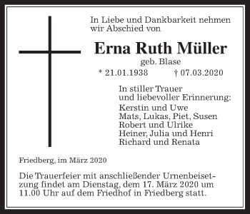 Traueranzeige von Erna Ruth Müller von Wetterauer Zeitung