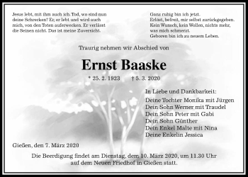 Traueranzeige von Ernst Baaske von Giessener Allgemeine, Alsfelder Allgemeine